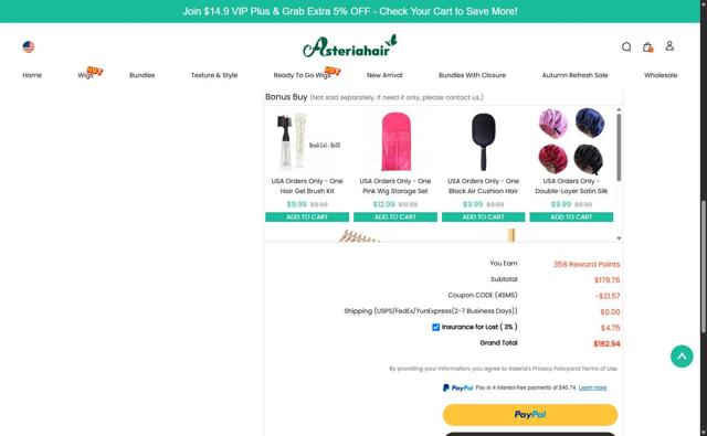 Asteria Hair checkout page showing Asteria Hair coupon code box | Screenshot taken by SimplyCodes community member on Sep 9, 2025