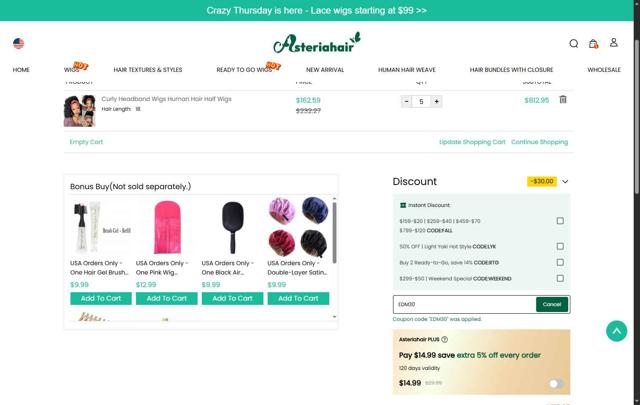 Asteria Hair checkout page showing Asteria Hair coupon code box | Screenshot taken by SimplyCodes community member on Aug 30, 2025