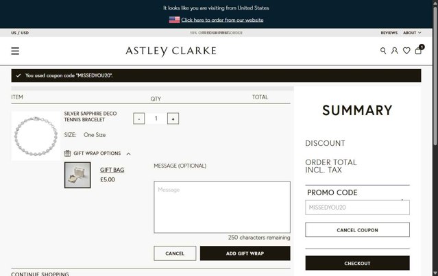 Astley Clarke checkout page showing Astley Clarke promo code box | Screenshot taken by SimplyCodes community member on Aug 28, 2025