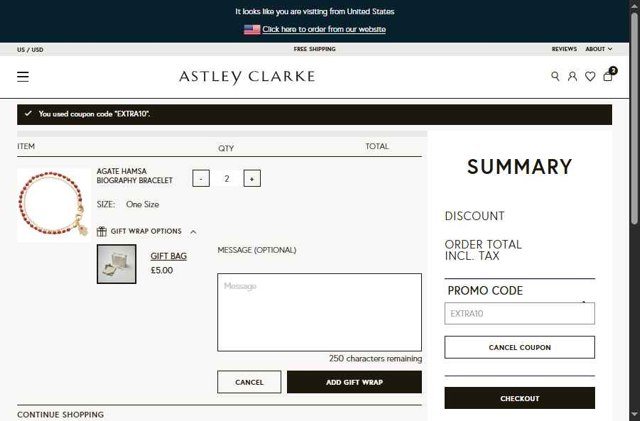 Astley Clarke checkout page showing Astley Clarke promo code box | Screenshot taken by SimplyCodes community member on Jul 26, 2025