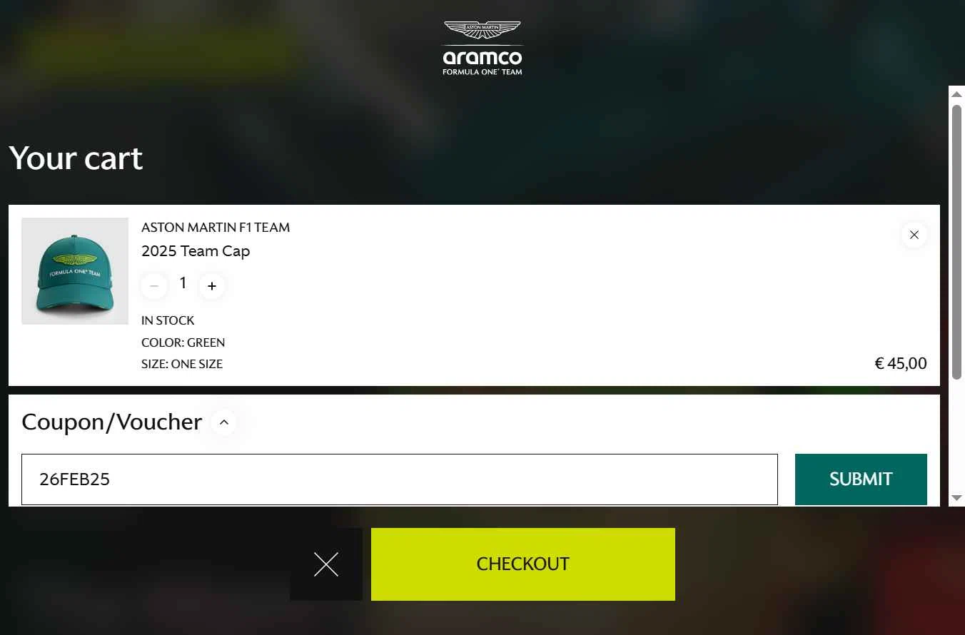 Aston Martin Cognizant F1 checkout page showing Aston Martin Cognizant F1 promo code box | Screenshot taken by SimplyCodes community member on Apr 25, 2025