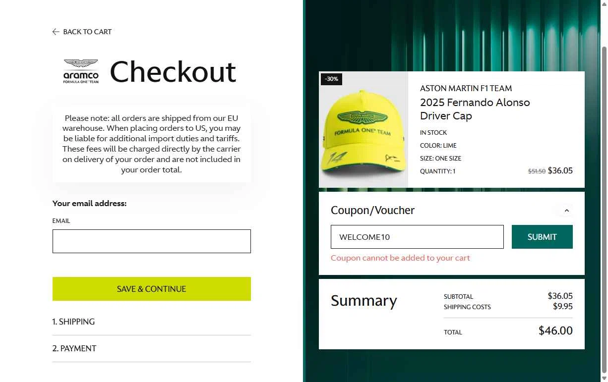 Aston Martin Cognizant F1 checkout page showing Aston Martin Cognizant F1 promo code box | Screenshot taken by SimplyCodes community member on Aug 13, 2025