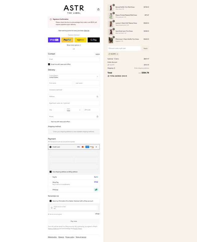 ASTR The Label checkout page showing ASTR The Label promo code box | Screenshot taken by SimplyCodes community member on Aug 28, 2025
