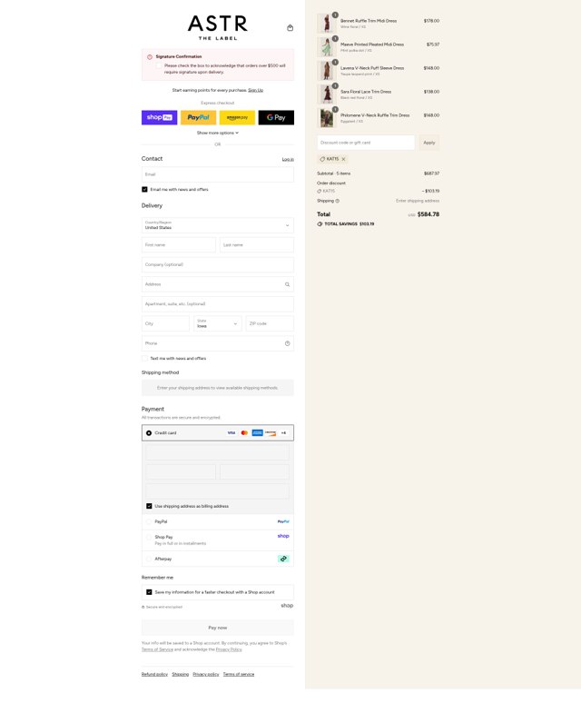 ASTR The Label checkout page showing ASTR The Label promo code box | Screenshot taken by SimplyCodes community member on Aug 28, 2025