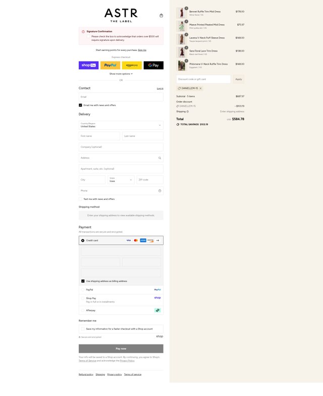 ASTR The Label checkout page showing ASTR The Label promo code box | Screenshot taken by SimplyCodes community member on Aug 28, 2025