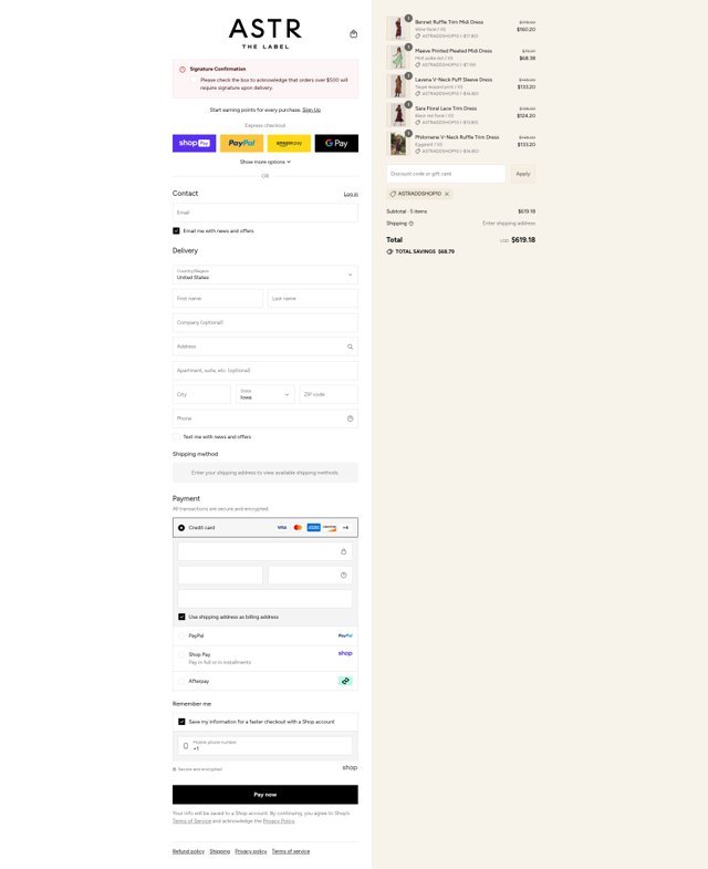 ASTR The Label checkout page showing ASTR The Label promo code box | Screenshot taken by SimplyCodes community member on Aug 28, 2025