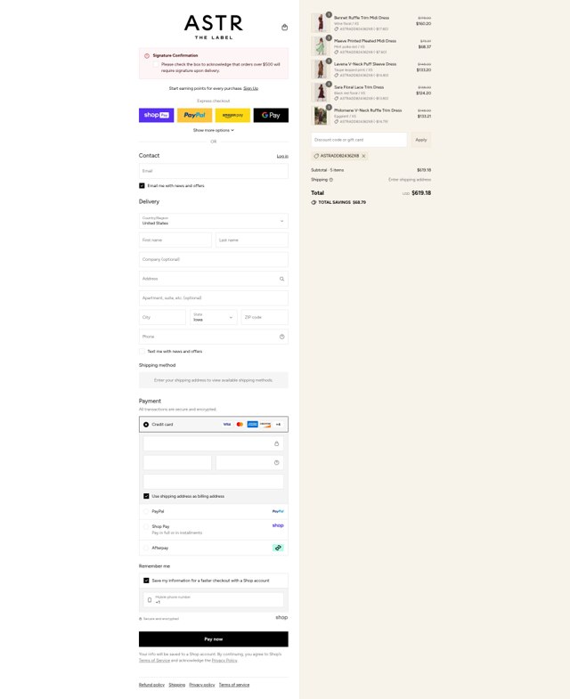 ASTR The Label checkout page showing ASTR The Label promo code box | Screenshot taken by SimplyCodes community member on Aug 28, 2025