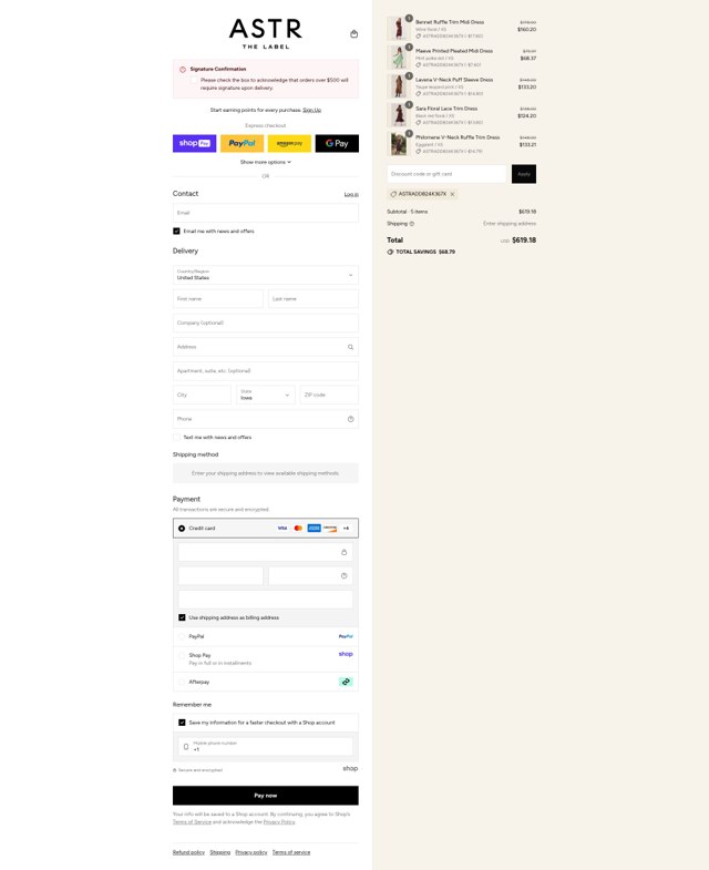 ASTR The Label checkout page showing ASTR The Label promo code box | Screenshot taken by SimplyCodes community member on Aug 28, 2025