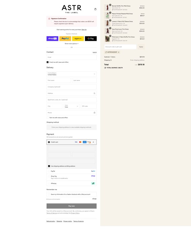 ASTR The Label checkout page showing ASTR The Label promo code box | Screenshot taken by SimplyCodes community member on Aug 28, 2025