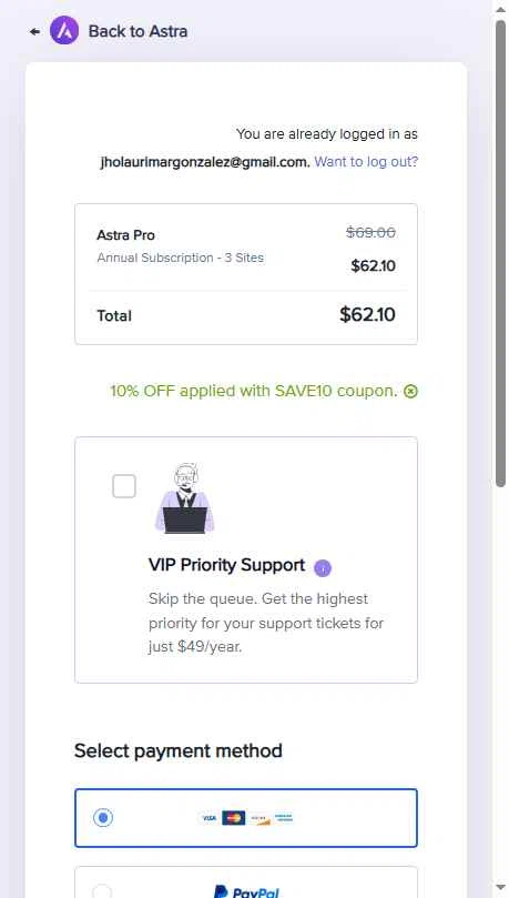Astra checkout page showing Astra promo code box | Screenshot taken by SimplyCodes community member on Dec 11, 2025