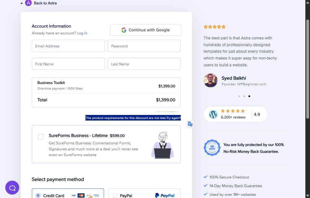 Astra checkout page showing Astra promo code box | Screenshot taken by SimplyCodes community member on Feb 12, 2026