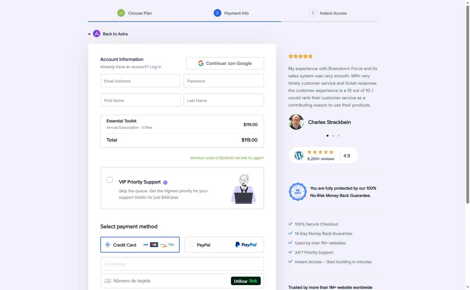 Astra checkout page showing Astra promo code box | Screenshot taken by SimplyCodes community member on Dec 9, 2025