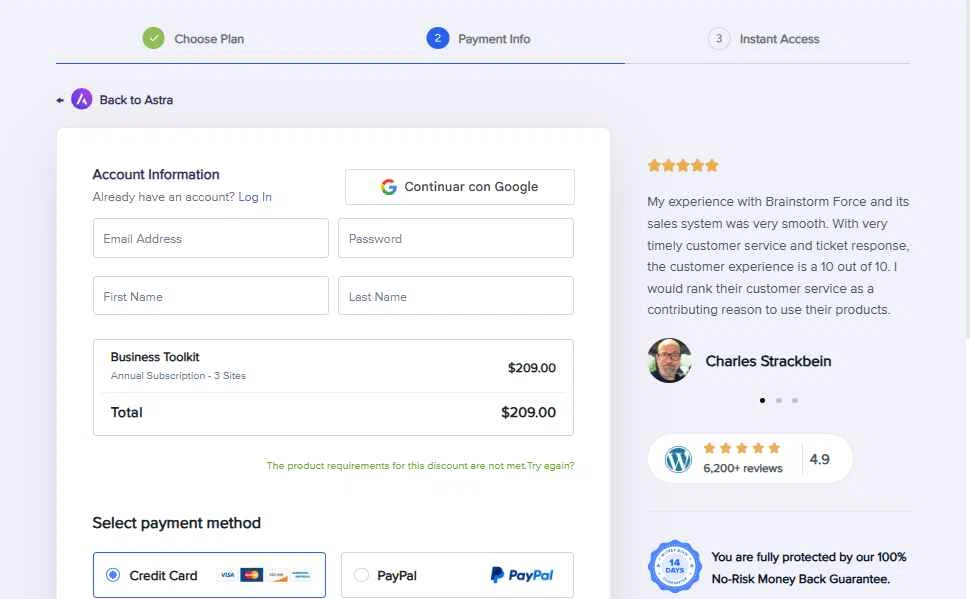 Astra checkout page showing Astra promo code box | Screenshot taken by SimplyCodes community member on Nov 16, 2025