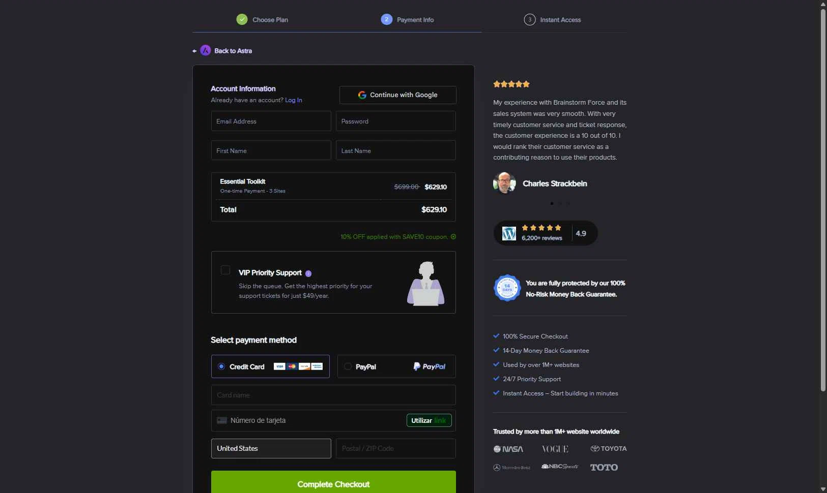 Astra checkout page showing Astra promo code box | Screenshot taken by SimplyCodes community member on Dec 3, 2025