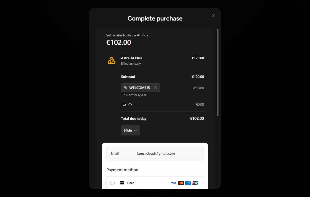 Astra-ai.co checkout page showing Astra-ai.co promo code box | Screenshot taken by SimplyCodes community member on Jan 29, 2026