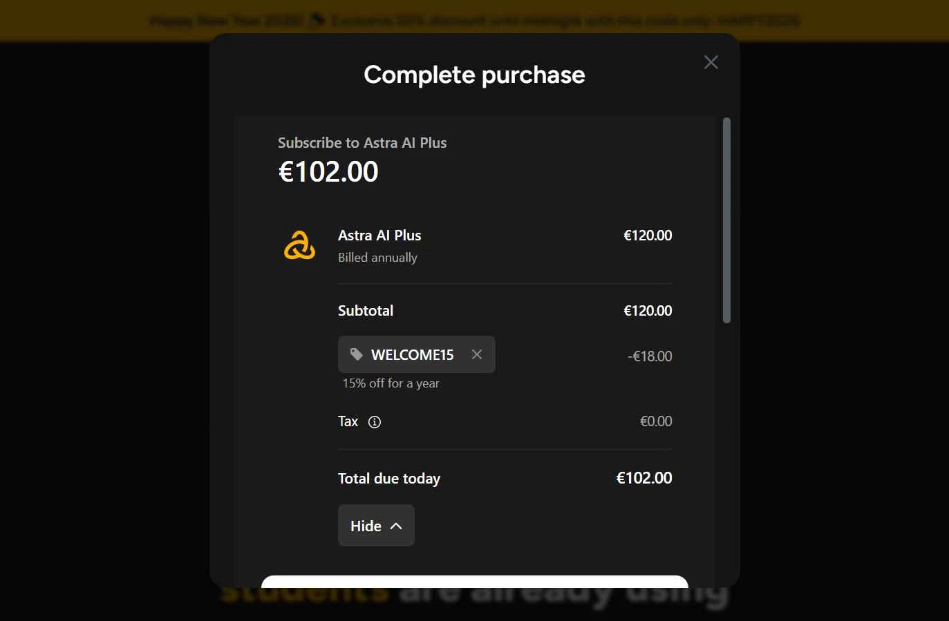 Astra-ai.co checkout page showing Astra-ai.co promo code box | Screenshot taken by SimplyCodes community member on Dec 31, 2025