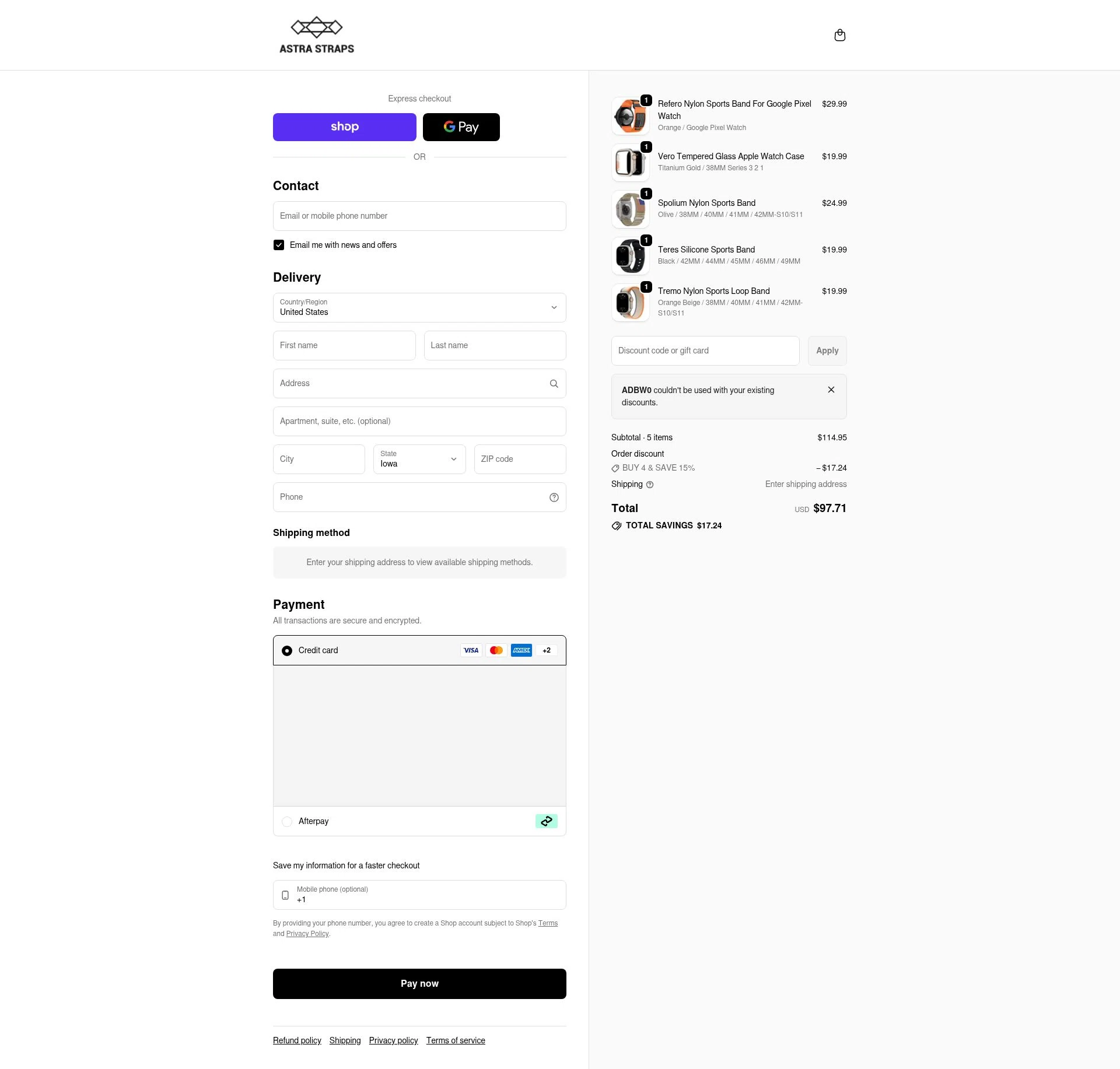 Astra Straps checkout page showing Astra Straps discount code box | Screenshot taken by SimplyCodes community member on Feb 11, 2026