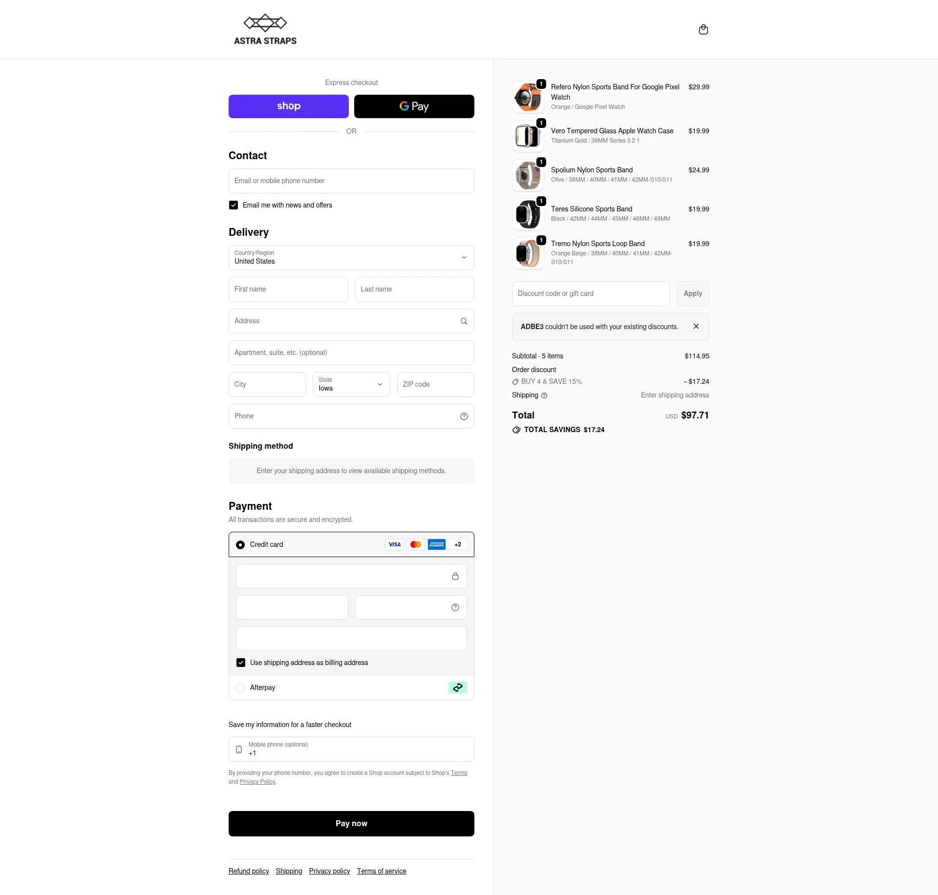 Astra Straps checkout page showing Astra Straps discount code box | Screenshot taken by SimplyCodes community member on Feb 11, 2026