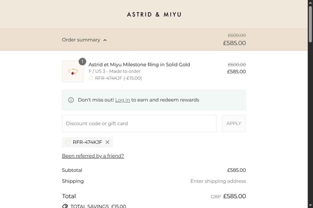Astrid & Miyu checkout page showing Astrid & Miyu promo code box | Screenshot taken by SimplyCodes community member on Sep 3, 2025