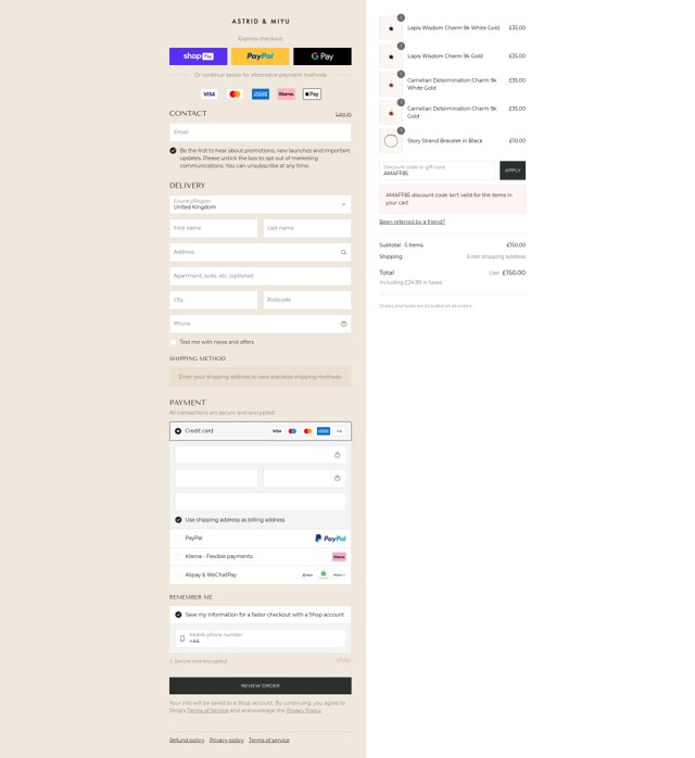 Astrid & Miyu checkout page showing Astrid & Miyu promo code box | Screenshot taken by SimplyCodes community member on Aug 12, 2025