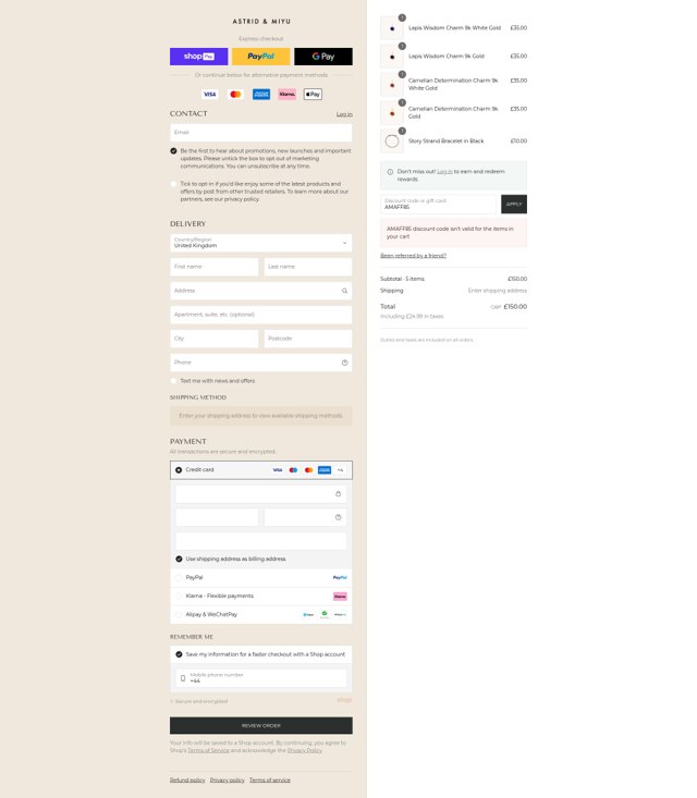 Astrid & Miyu checkout page showing Astrid & Miyu promo code box | Screenshot taken by SimplyCodes community member on Aug 25, 2025