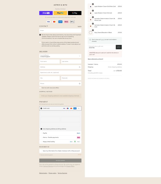 Astrid & Miyu checkout page showing Astrid & Miyu promo code box | Screenshot taken by SimplyCodes community member on Aug 21, 2025