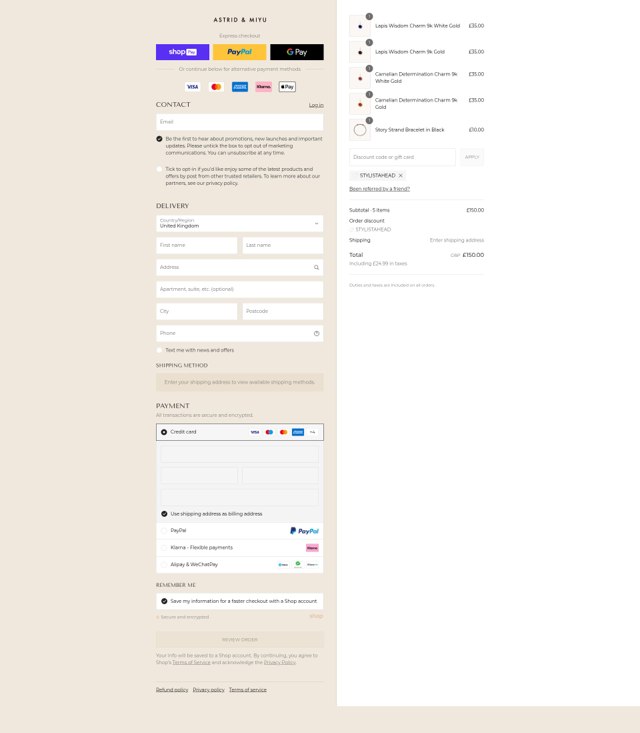 Astrid & Miyu checkout page showing Astrid & Miyu promo code box | Screenshot taken by SimplyCodes community member on Aug 8, 2025