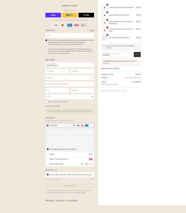 Astrid & Miyu checkout page showing Astrid & Miyu promo code box | Screenshot taken by SimplyCodes community member on Sep 3, 2025