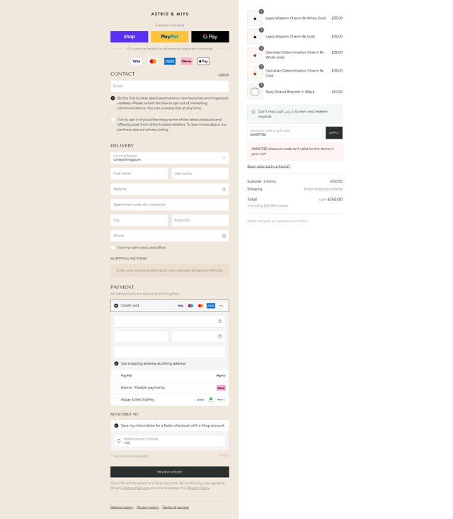 Astrid & Miyu checkout page showing Astrid & Miyu promo code box | Screenshot taken by SimplyCodes community member on Aug 29, 2025