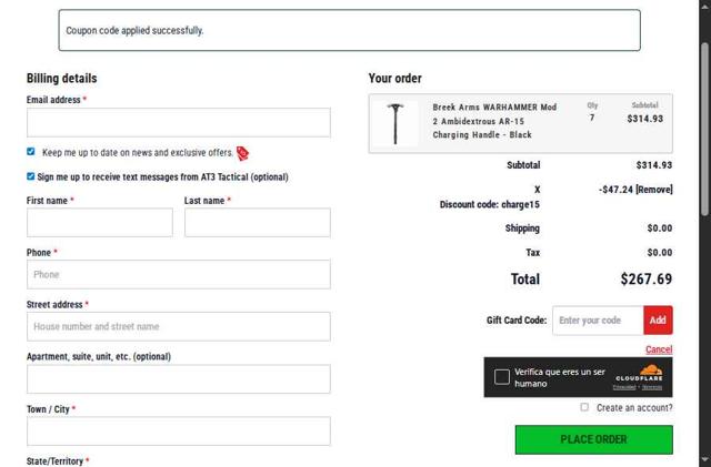 AT3 Tactical checkout page showing AT3 Tactical discount code box | Screenshot taken by SimplyCodes community member on Sep 12, 2025