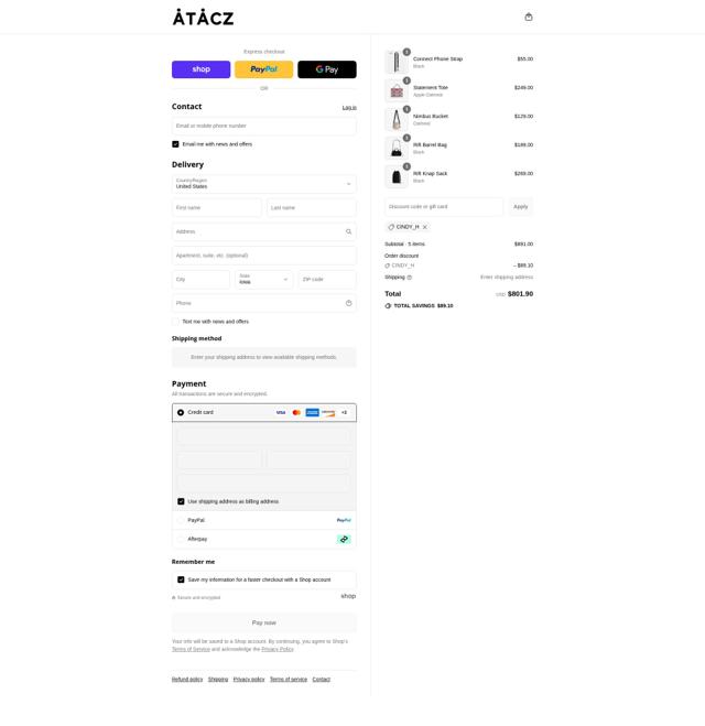 Atacz checkout page showing Atacz promo code box | Screenshot taken by SimplyCodes community member on Sep 1, 2025