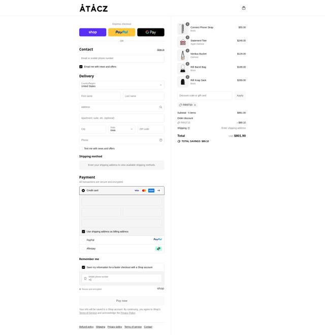 Atacz checkout page showing Atacz promo code box | Screenshot taken by SimplyCodes community member on Sep 9, 2025
