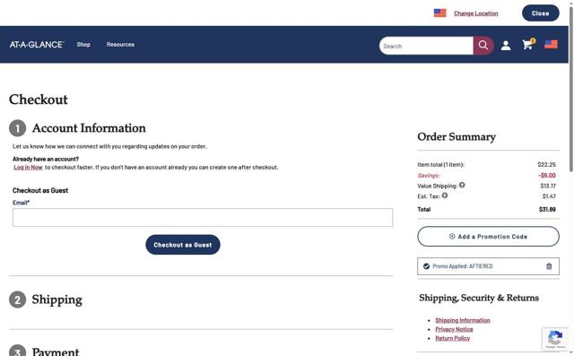 At-A-Glance checkout page showing At-A-Glance coupon code box | Screenshot taken by SimplyCodes community member on Sep 6, 2025