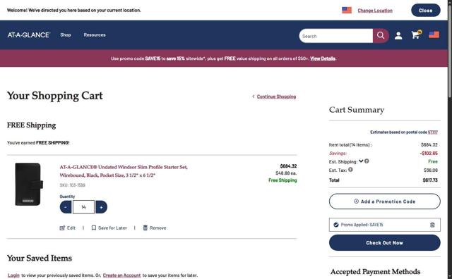 At-A-Glance checkout page showing At-A-Glance coupon code box | Screenshot taken by SimplyCodes community member on Aug 20, 2025