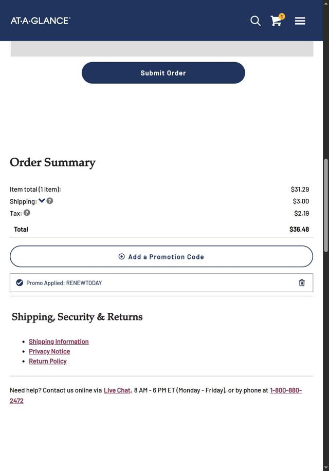 At-A-Glance checkout page showing At-A-Glance coupon code box | Screenshot taken by SimplyCodes community member on Sep 9, 2025