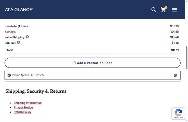 At-A-Glance checkout page showing At-A-Glance coupon code box | Screenshot taken by SimplyCodes community member on Sep 15, 2025