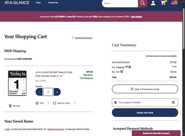 At-A-Glance checkout page showing At-A-Glance coupon code box | Screenshot taken by SimplyCodes community member on Sep 16, 2025