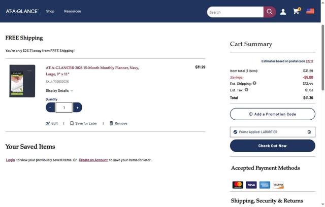 At-A-Glance checkout page showing At-A-Glance coupon code box | Screenshot taken by SimplyCodes community member on Aug 27, 2025