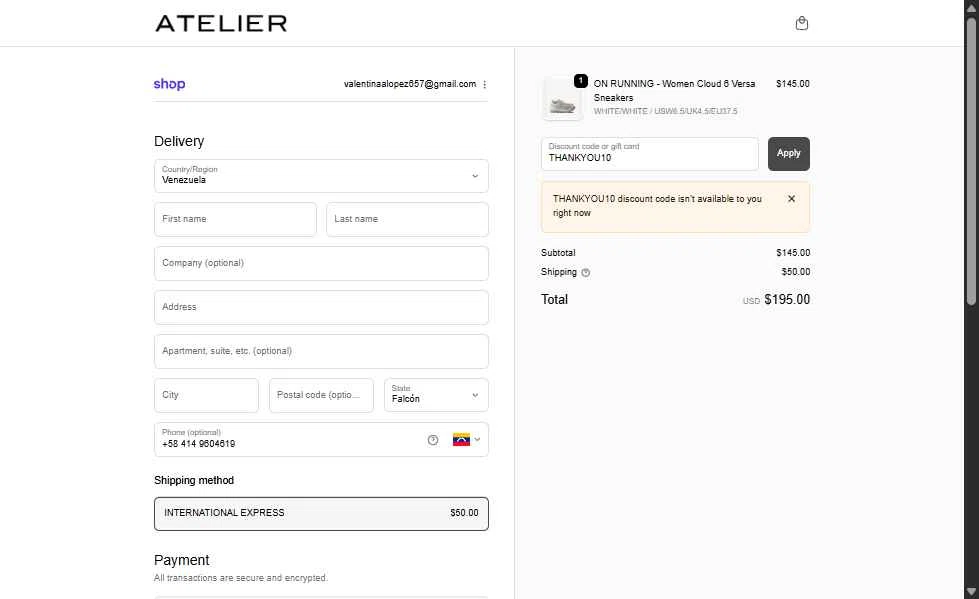 Atelier checkout page showing Atelier coupon code box | Screenshot taken by SimplyCodes community member on Dec 1, 2025