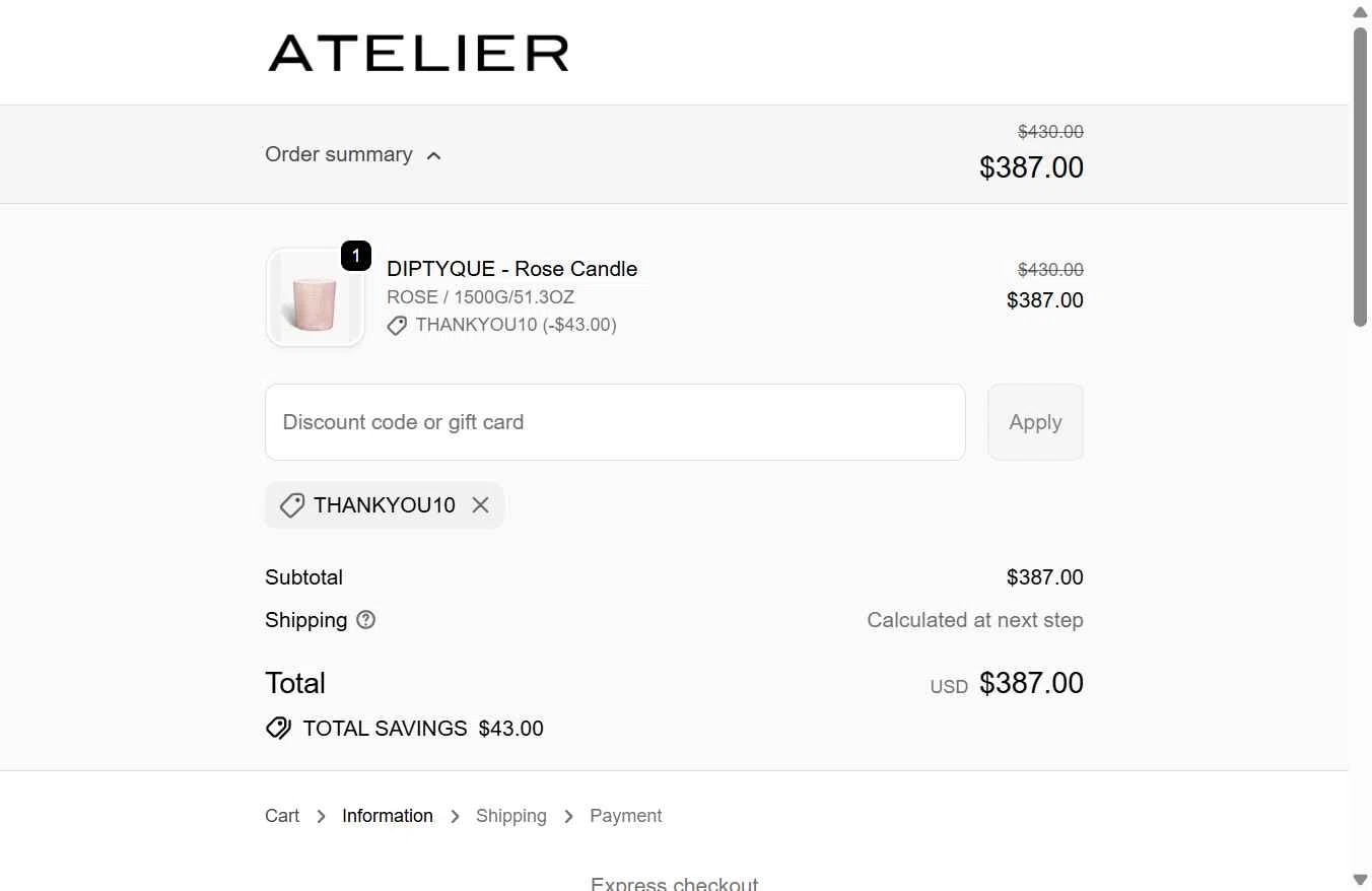 Atelier checkout page showing Atelier coupon code box | Screenshot taken by SimplyCodes community member on Nov 23, 2025