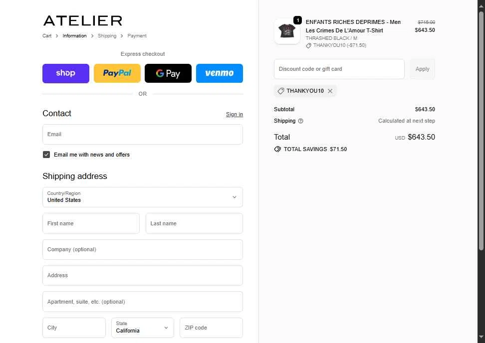 Atelier checkout page showing Atelier coupon code box | Screenshot taken by SimplyCodes community member on Nov 1, 2025