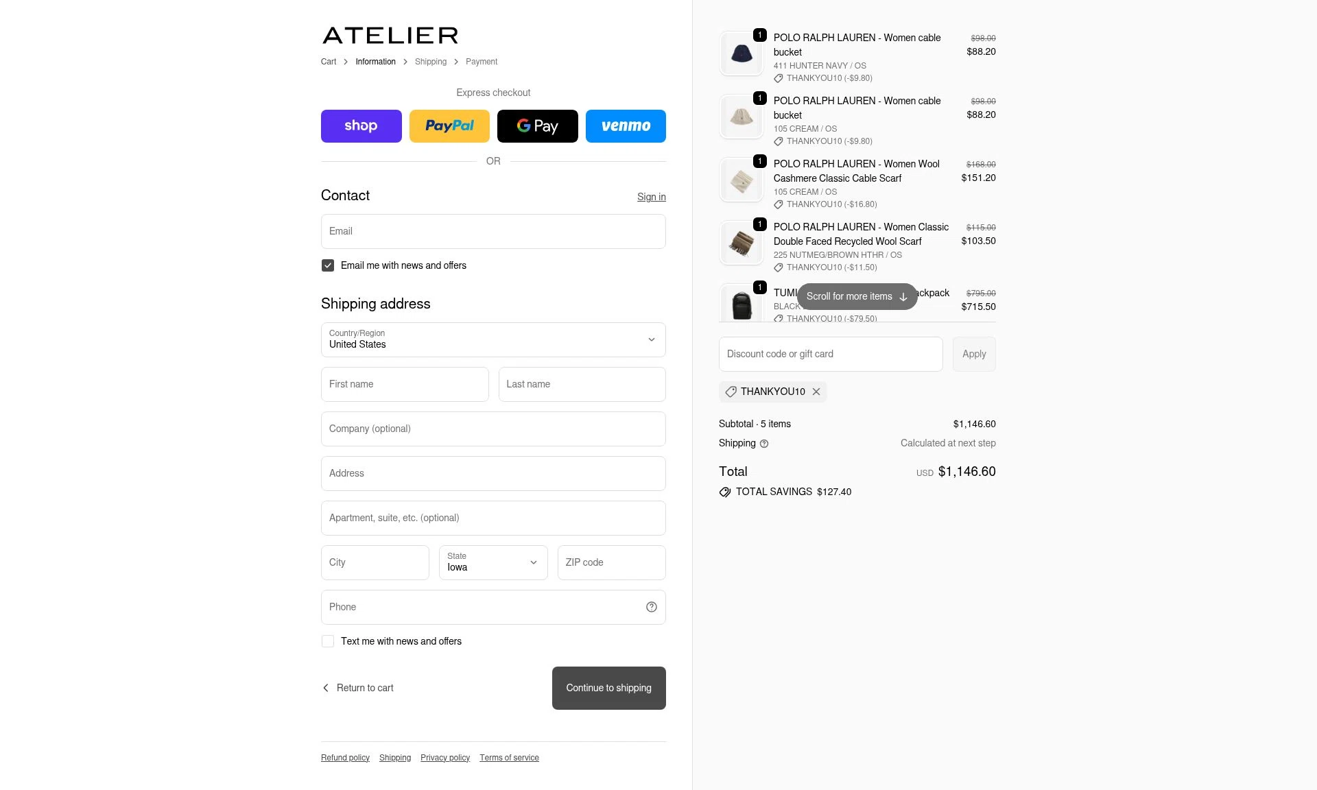 Atelier checkout page showing Atelier coupon code box | Screenshot taken by SimplyCodes community member on Dec 15, 2025