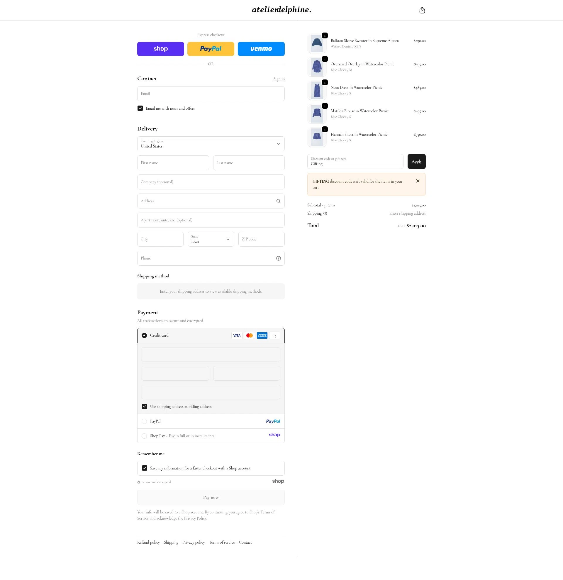 Atelier Delphine checkout page showing Atelier Delphine promo code box | Screenshot taken by SimplyCodes community member on Dec 11, 2025