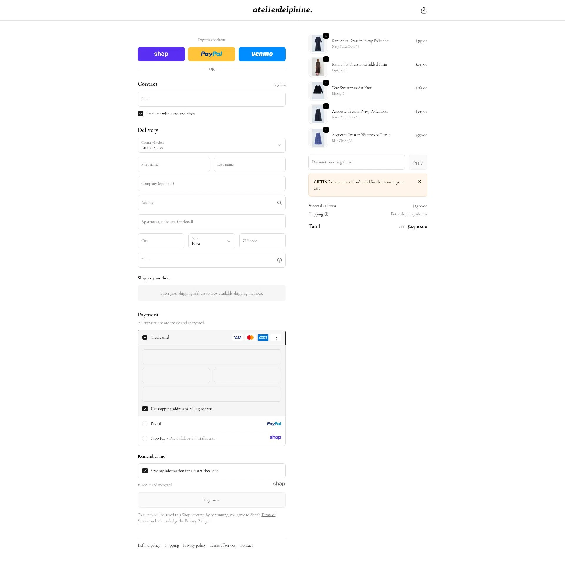 Atelier Delphine checkout page showing Atelier Delphine promo code box | Screenshot taken by SimplyCodes community member on Dec 17, 2025