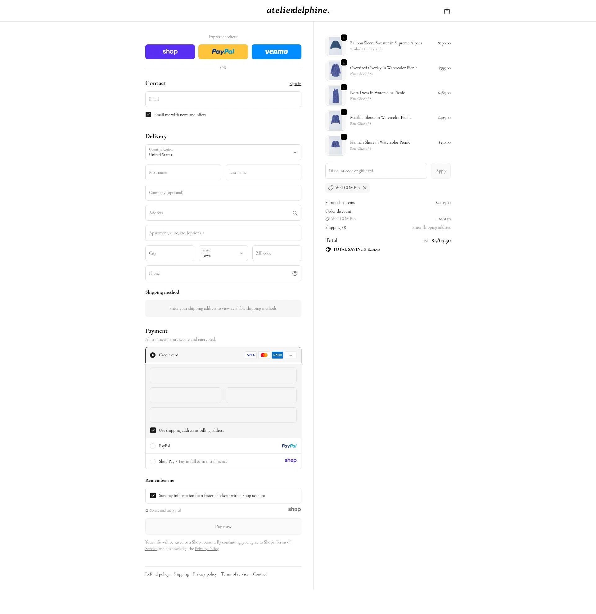Atelier Delphine checkout page showing Atelier Delphine promo code box | Screenshot taken by SimplyCodes community member on Dec 11, 2025