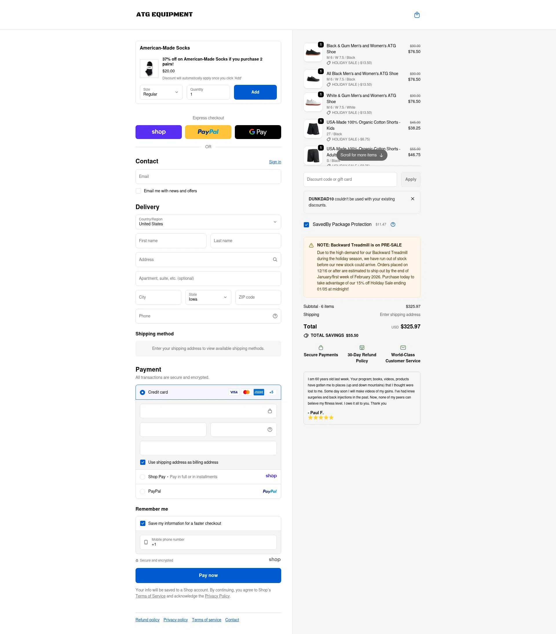 ATG Equipment checkout page showing ATG Equipment discount code box | Screenshot taken by SimplyCodes community member on Jan 1, 2026