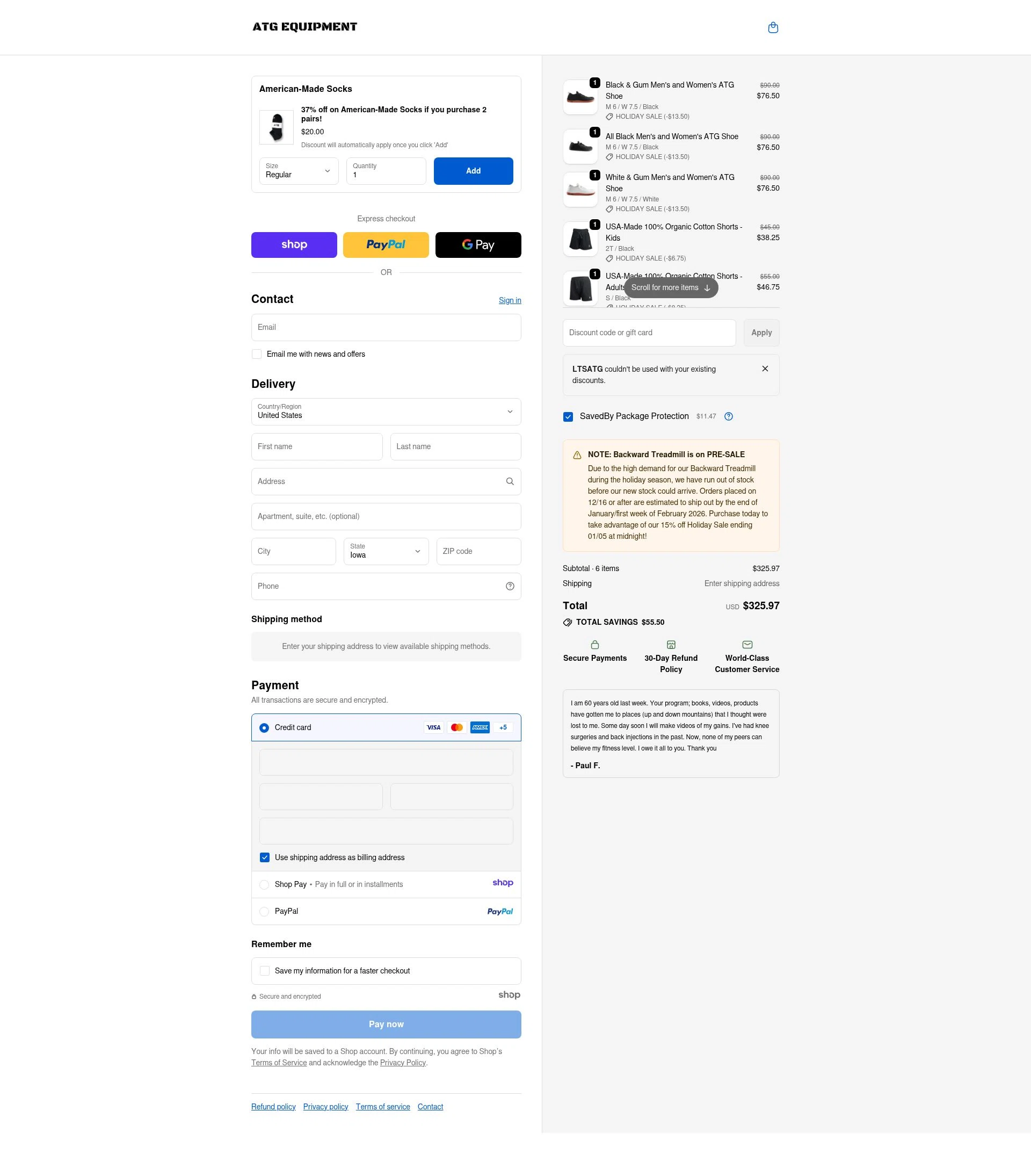 ATG Equipment checkout page showing ATG Equipment discount code box | Screenshot taken by SimplyCodes community member on Jan 1, 2026