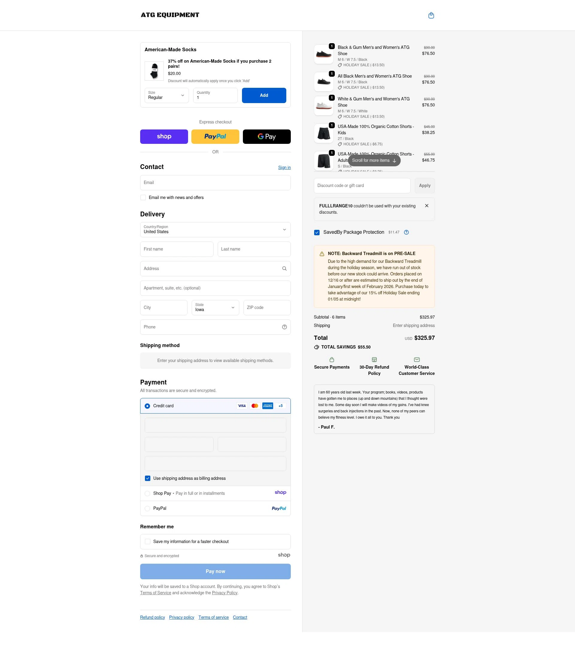 ATG Equipment checkout page showing ATG Equipment discount code box | Screenshot taken by SimplyCodes community member on Jan 1, 2026