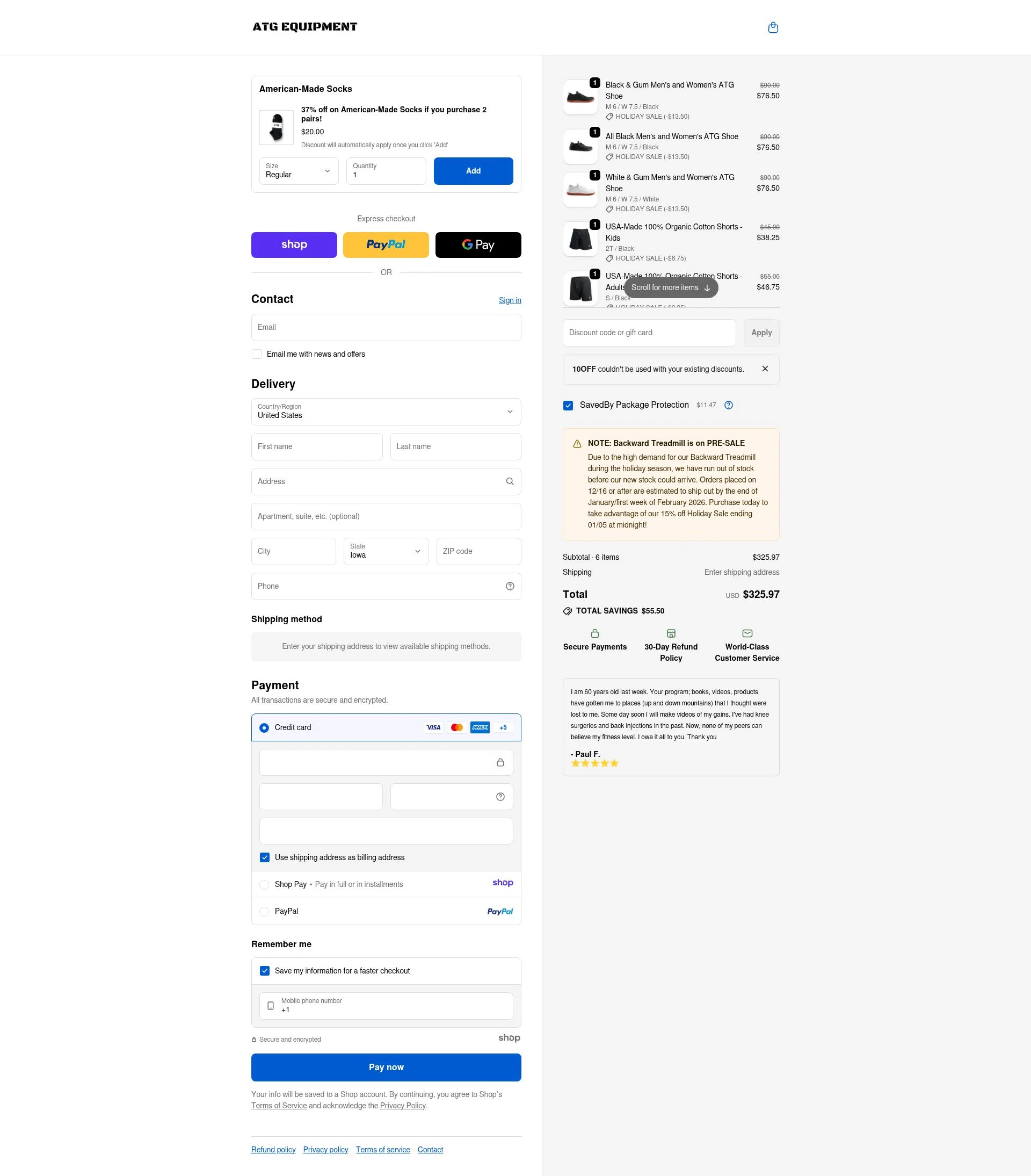 ATG Equipment checkout page showing ATG Equipment discount code box | Screenshot taken by SimplyCodes community member on Jan 1, 2026