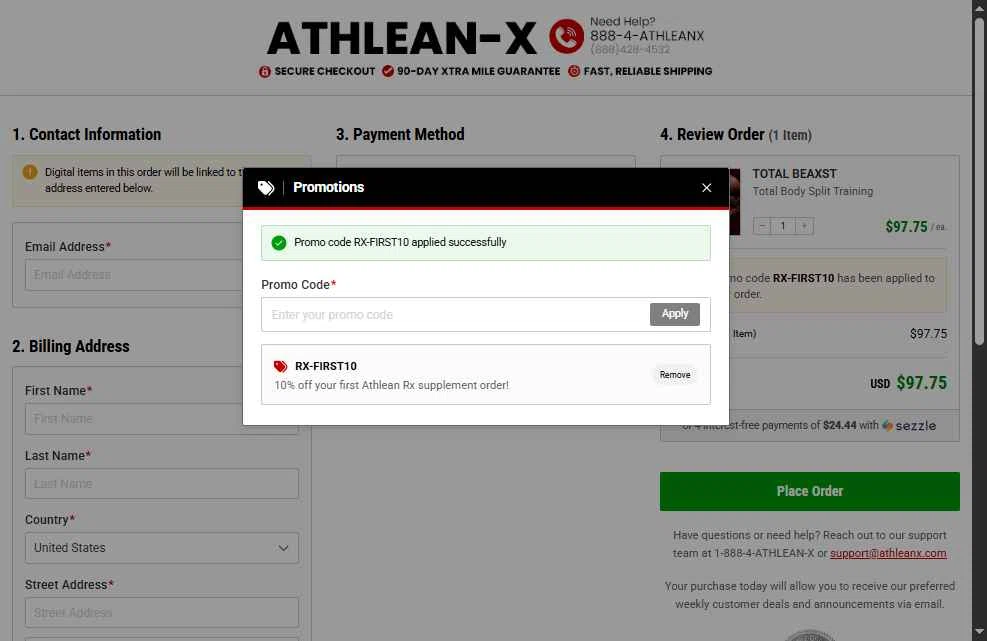 ATHLEAN-X checkout page showing ATHLEAN-X promo code box | Screenshot taken by SimplyCodes community member on Dec 8, 2025
